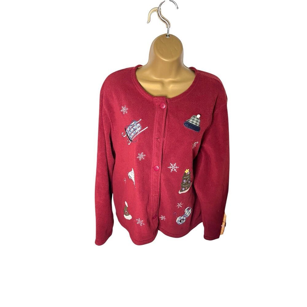 Vtg Y2K croft & barrow Sport Holiday Fleece Cardigan Embroidered Christmas Red L